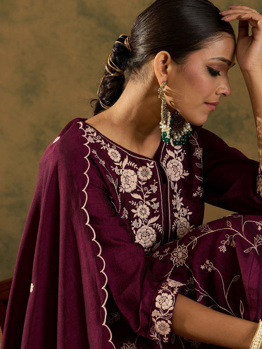 Indo Era Burgandy Straight Embroidered Kurta Trousers With Dupatta Set