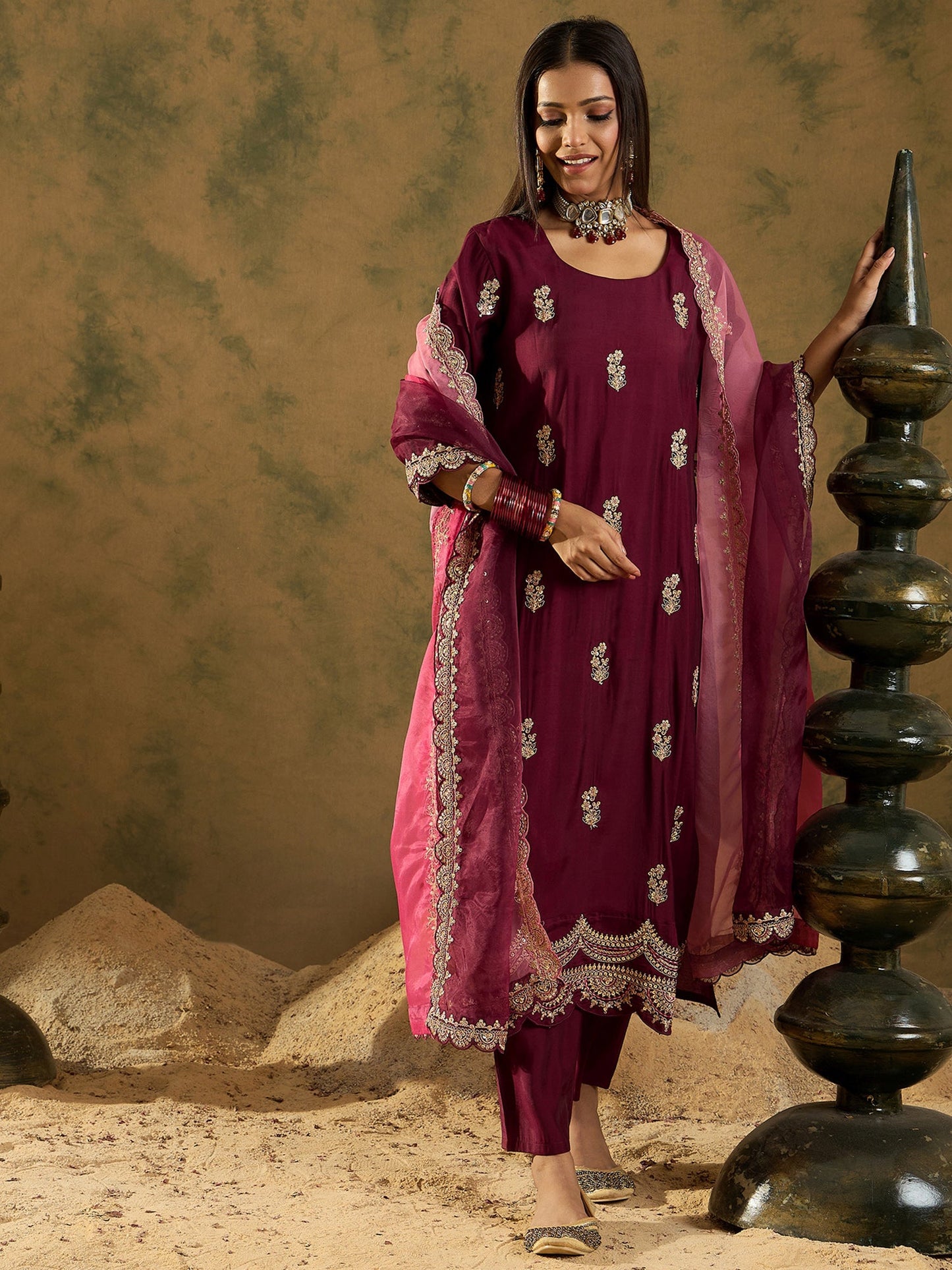 Maroon Straight Embroidered Kurta Trousers With Dupatta Set