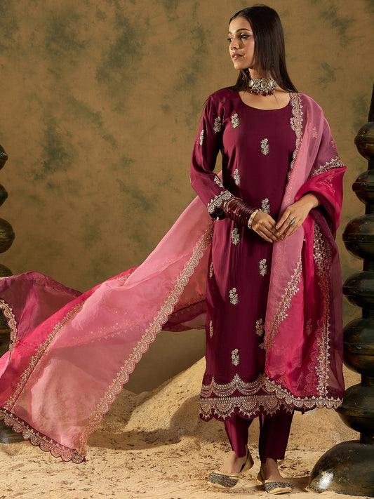 Maroon Straight Embroidered Kurta Trousers With Dupatta Set
