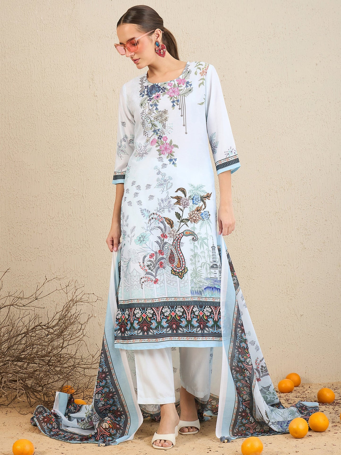 Indo Era Blue Printed Straight Kurta Trousers With Dupatta set
