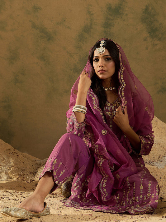 Indo Era Burgandy Straight Embroidered Kurta Trousers With Dupatta Set