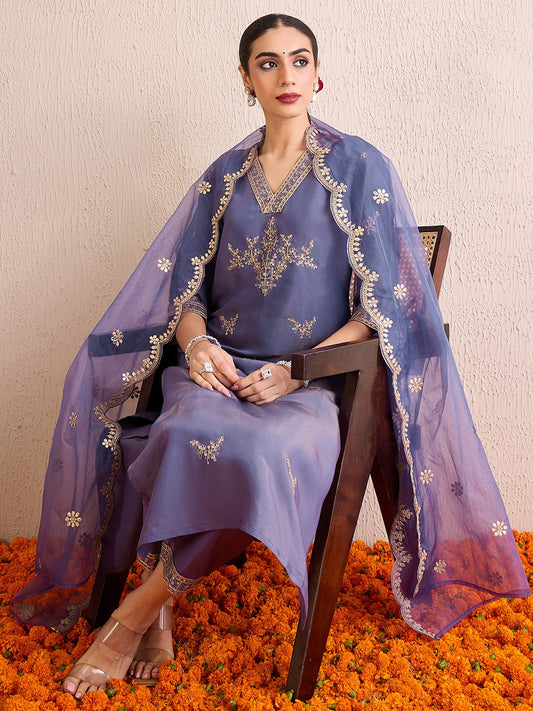 Indo Era Blue Straight Embroidered Kurta Trousers With Dupatta Set
