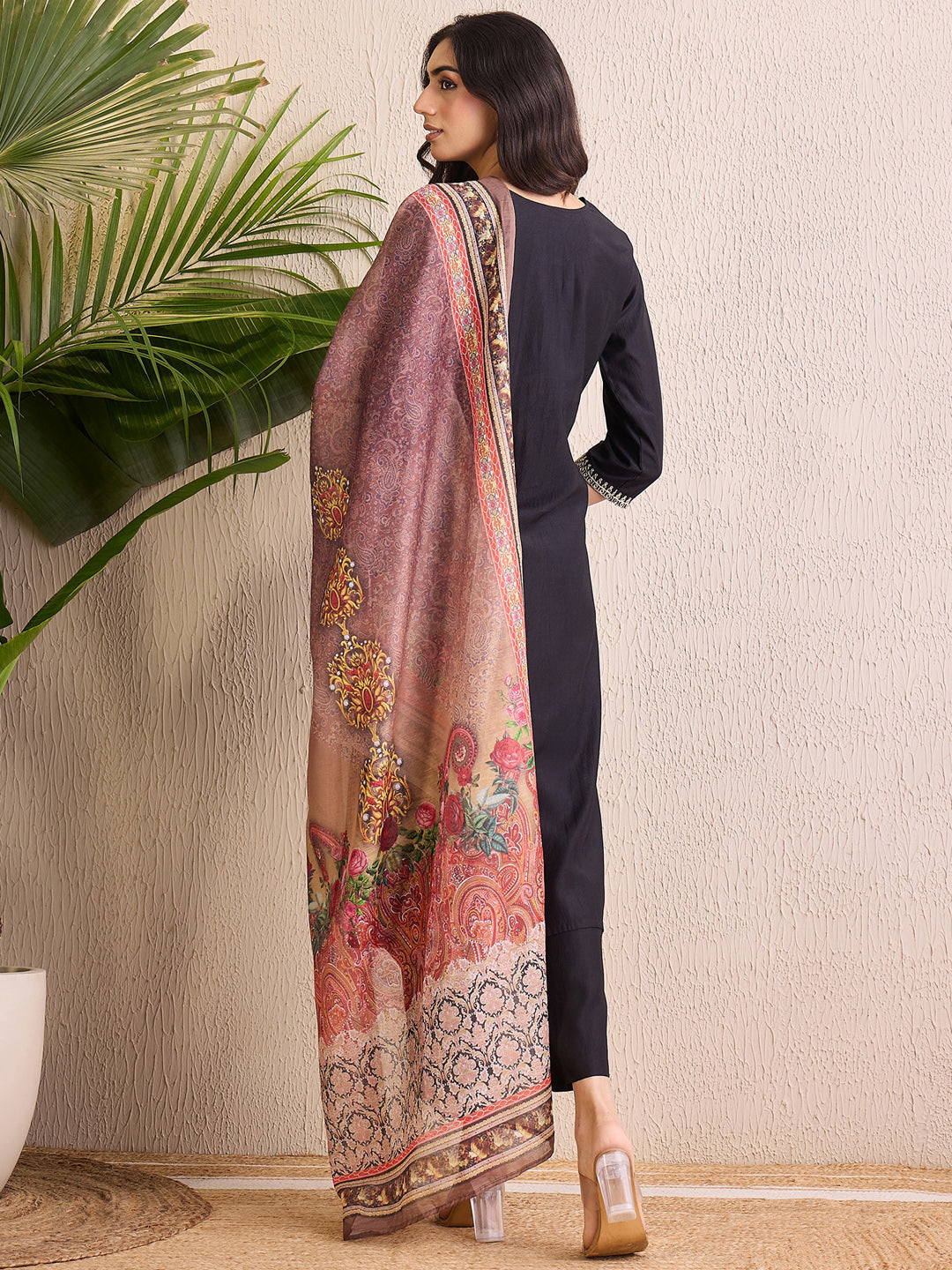 Indo Era Black Embroidered Straight Kurta Trousers With Dupatta  Set