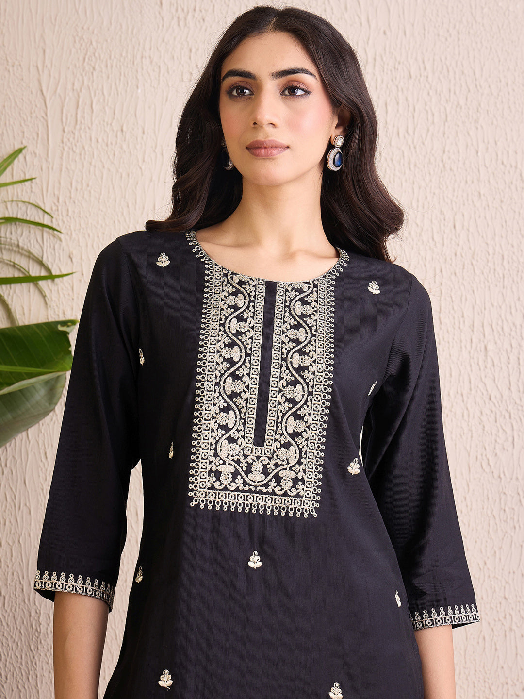 Indo Era Black Embroidered Straight Kurta Trousers With Dupatta  Set