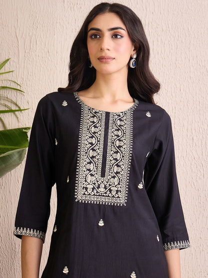 Indo Era Black Embroidered Straight Kurta Trousers With Dupatta  Set