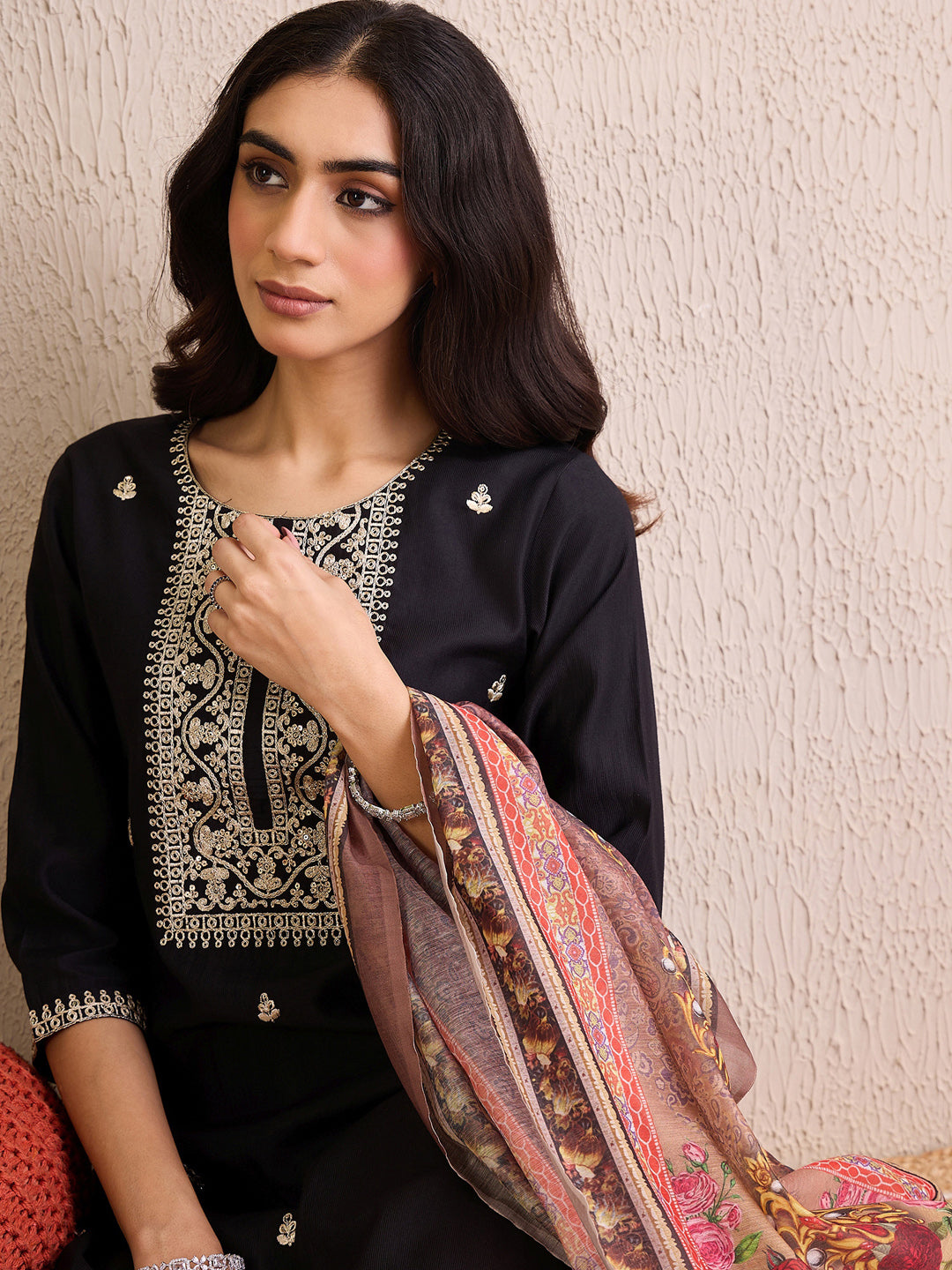 Indo Era Black Embroidered Straight Kurta Trousers With Dupatta  Set