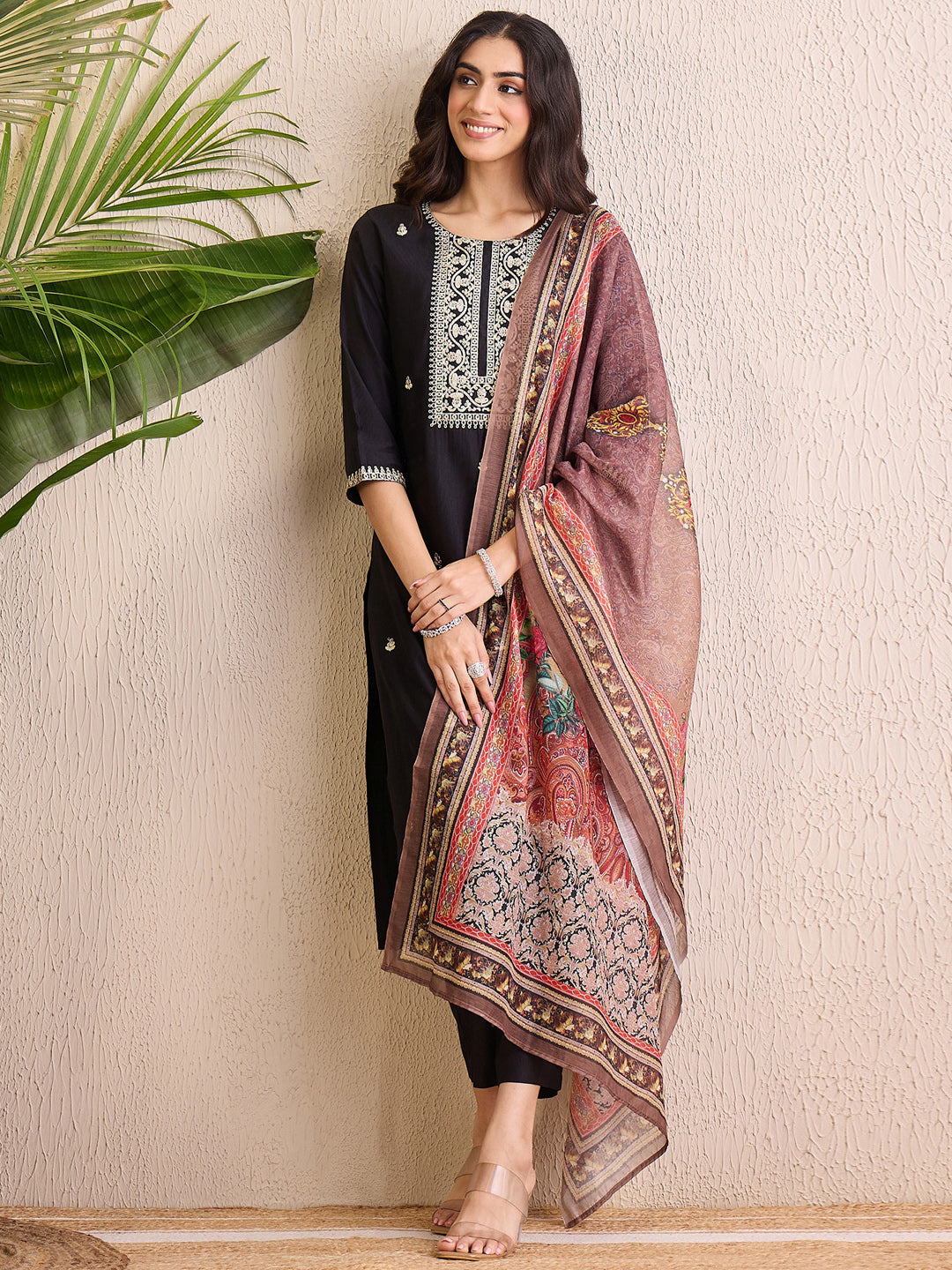 Indo Era Black Embroidered Straight Kurta Trousers With Dupatta  Set