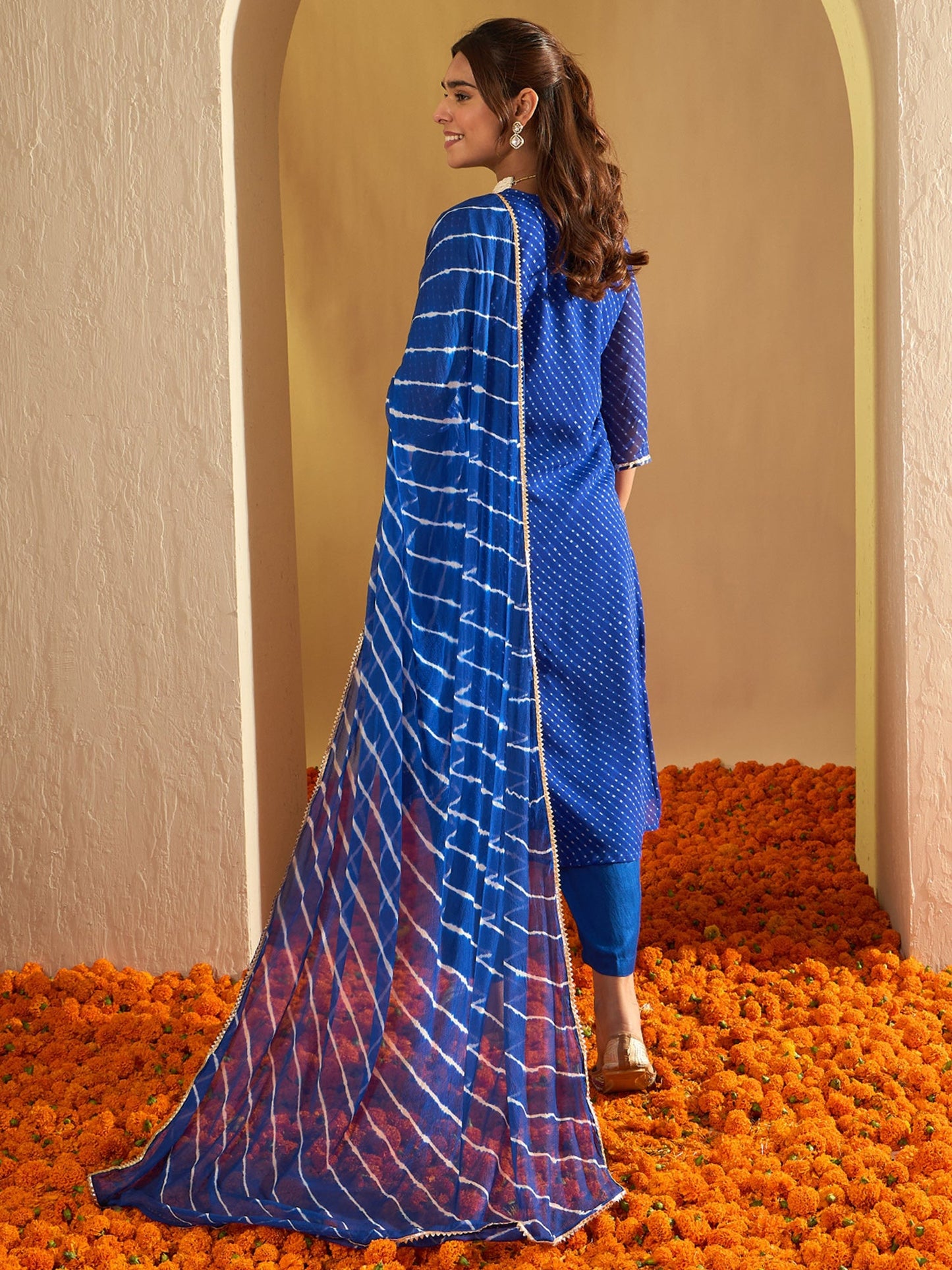 Indo Era Blue Printed Straight Kurta Trousers With Dupatta set