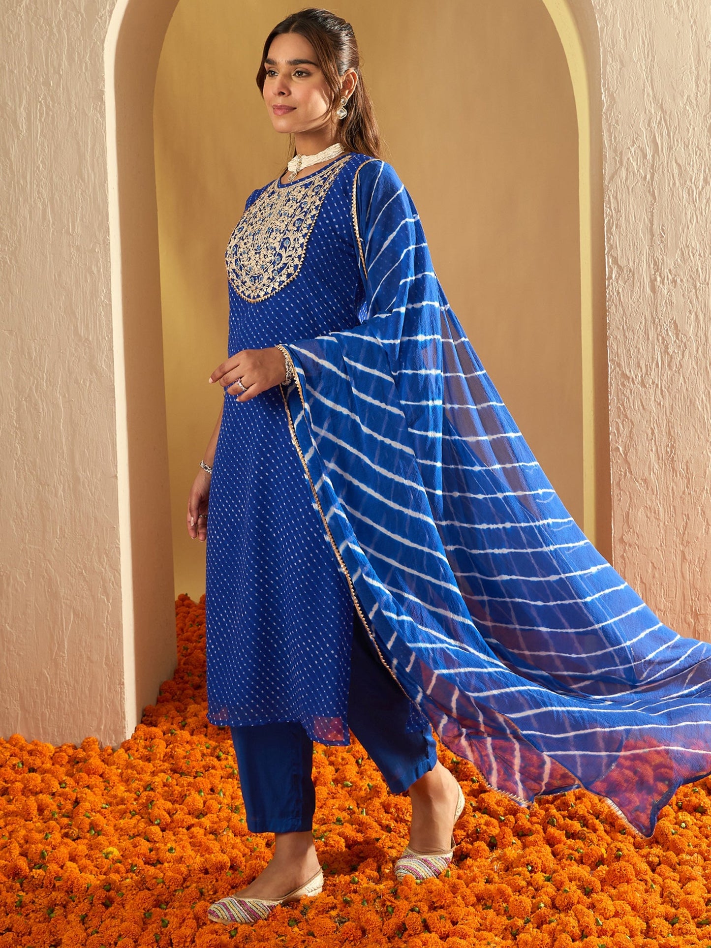 Indo Era Blue Printed Straight Kurta Trousers With Dupatta set