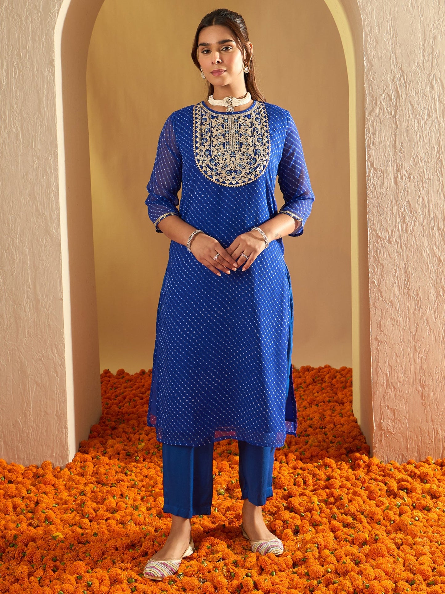 Indo Era Blue Printed Straight Kurta Trousers With Dupatta set