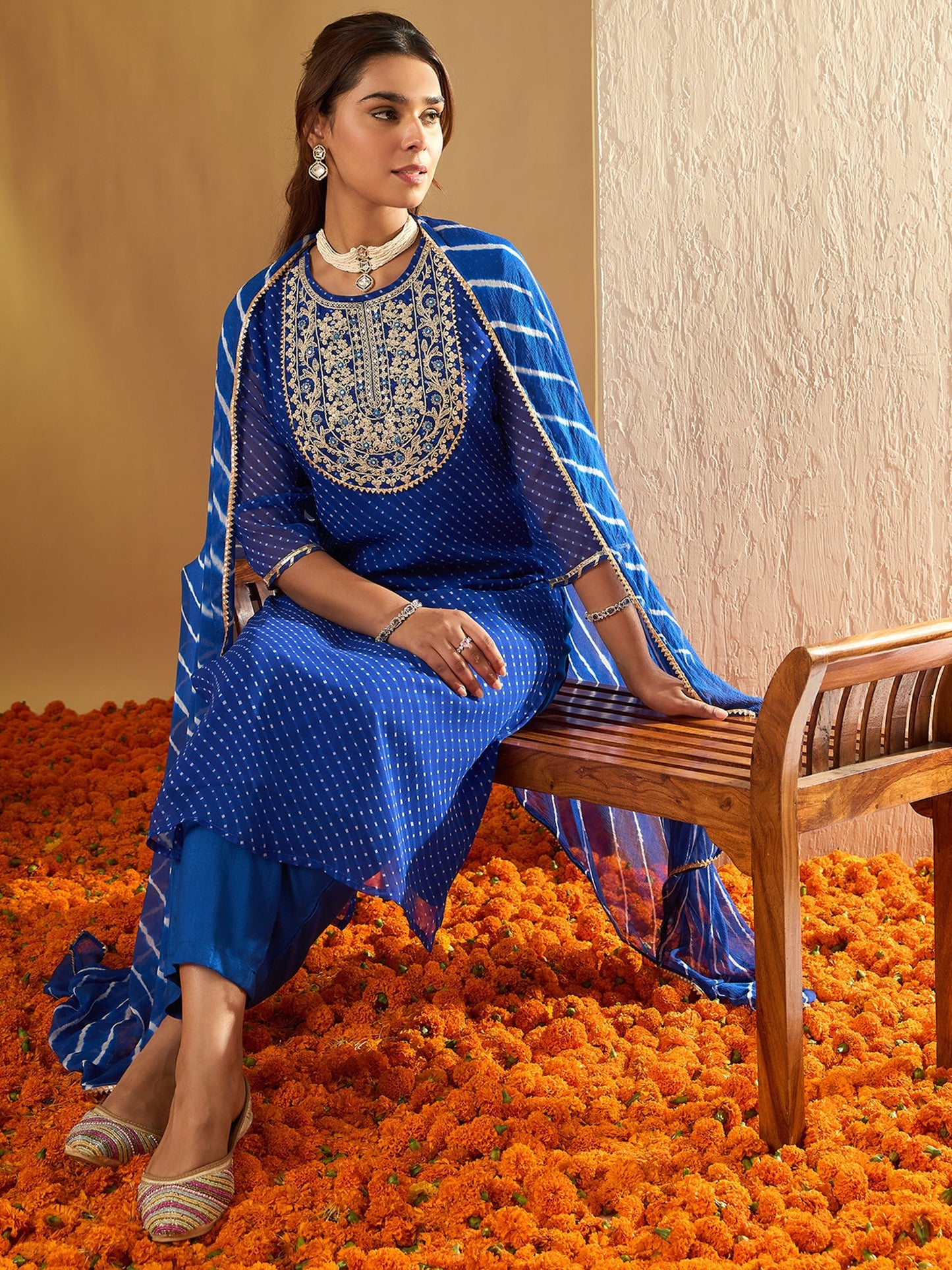 Indo Era Blue Printed Straight Kurta Trousers With Dupatta set