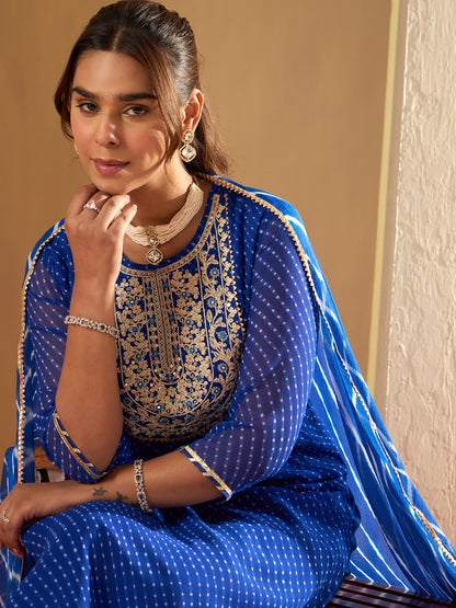 Indo Era Blue Printed Straight Kurta Trousers With Dupatta set
