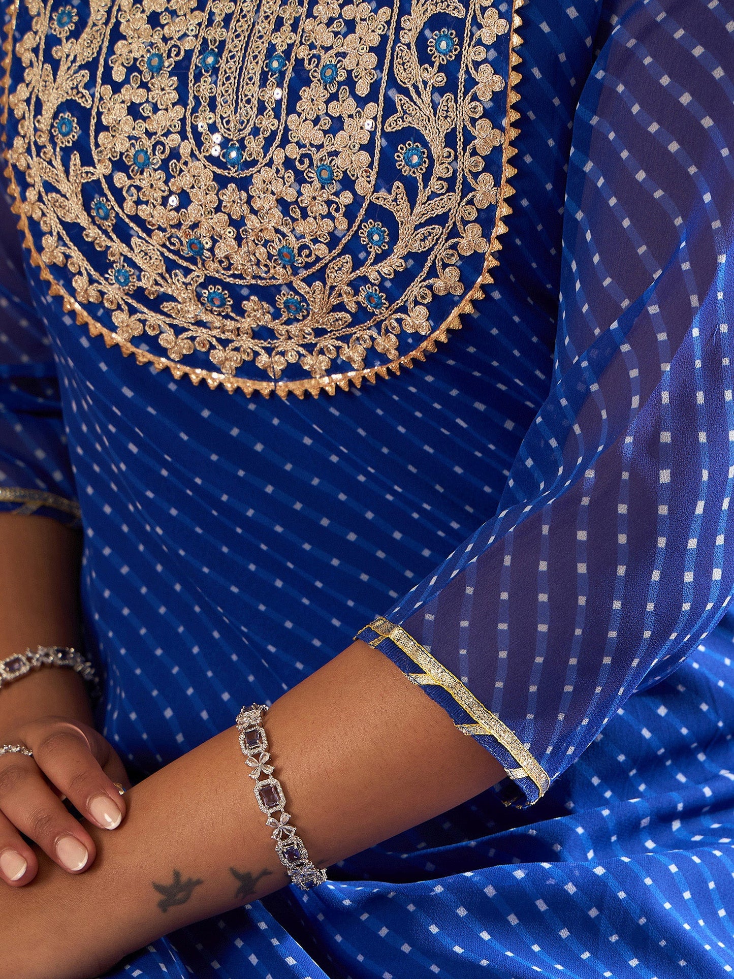 Indo Era Blue Printed Straight Kurta Trousers With Dupatta set