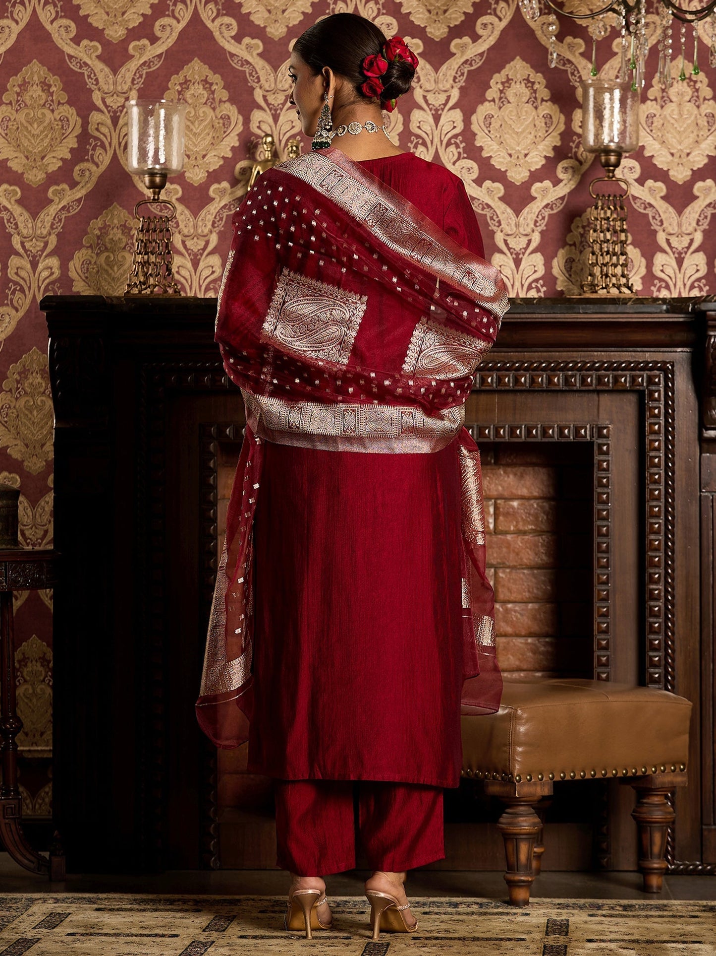 Maroon Embroidered Straight Kurta Trousers With Dupatta set