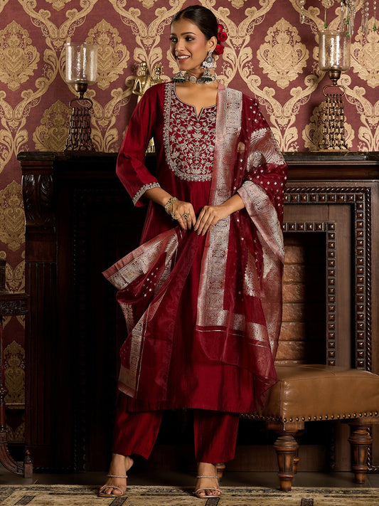Maroon Embroidered Straight Kurta Trousers With Dupatta set