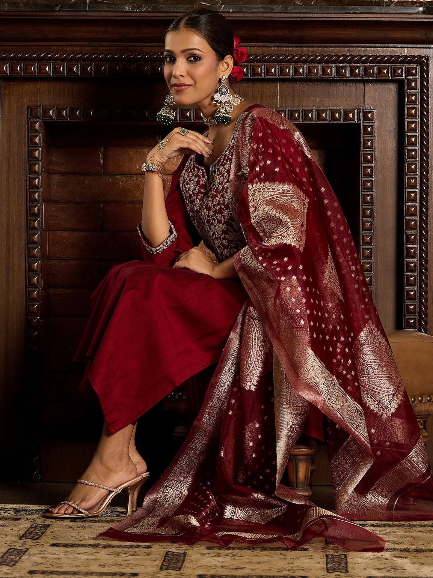 Maroon Embroidered Straight Kurta Trousers With Dupatta set
