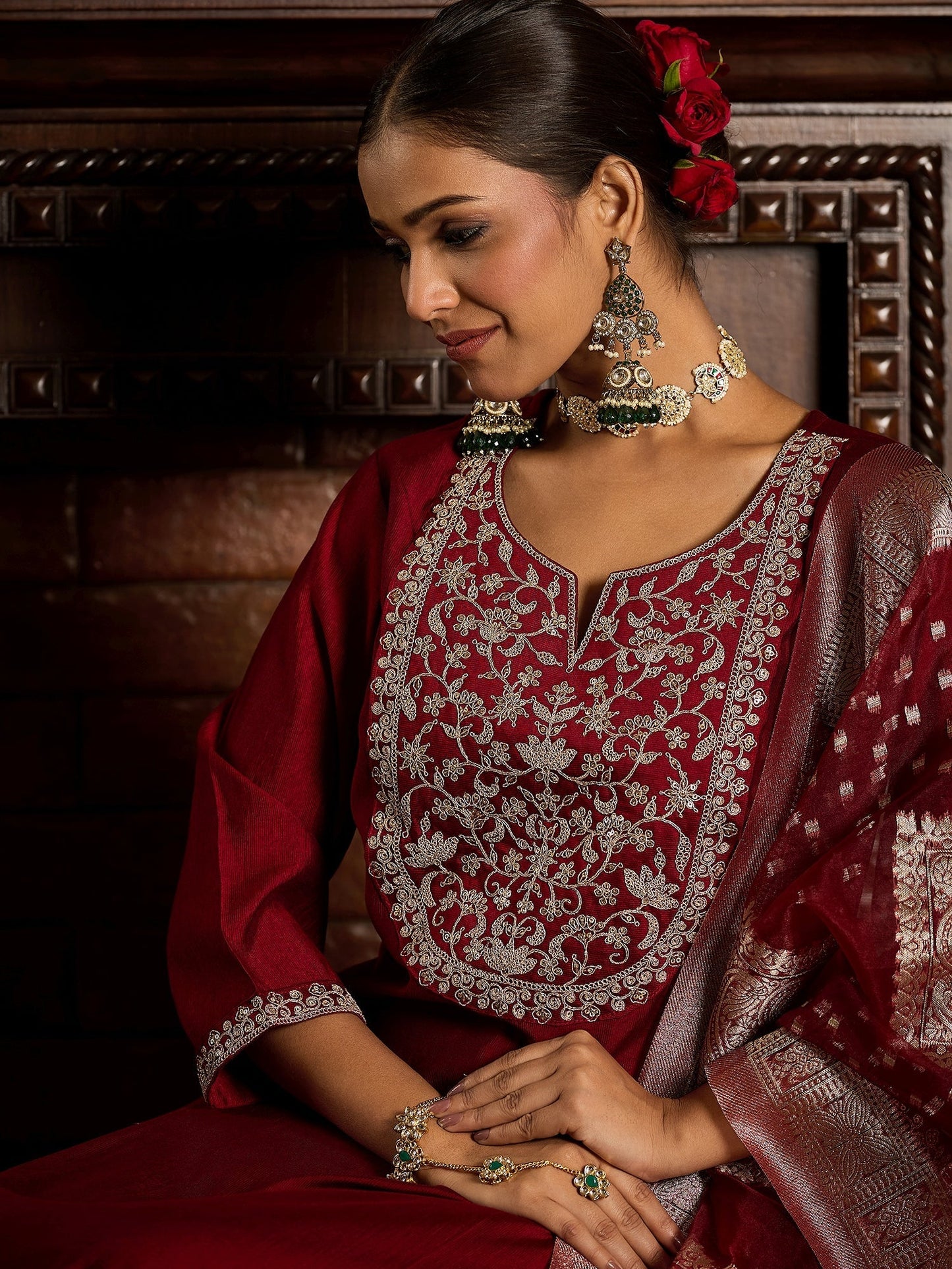 Maroon Embroidered Straight Kurta Trousers With Dupatta set
