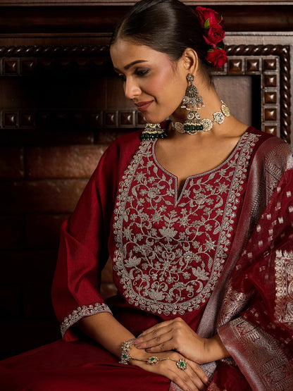 Maroon Embroidered Straight Kurta Trousers With Dupatta set