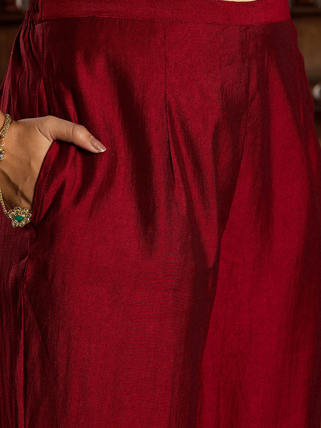 Maroon Embroidered Straight Kurta Trousers With Dupatta set