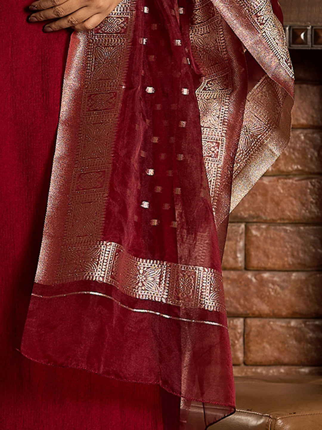 Maroon Embroidered Straight Kurta Trousers With Dupatta set