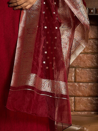 Maroon Embroidered Straight Kurta Trousers With Dupatta set