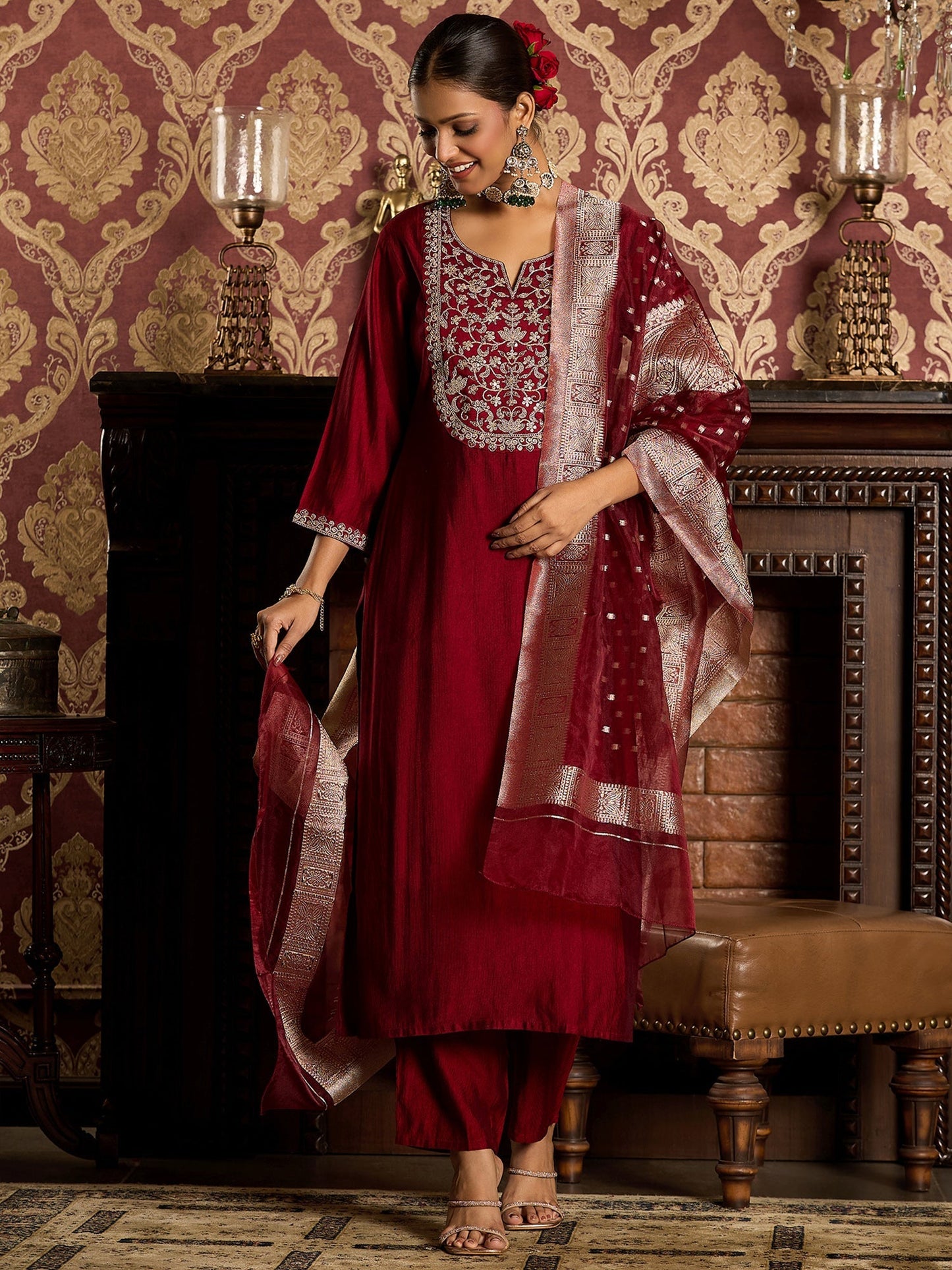 Maroon Embroidered Straight Kurta Trousers With Dupatta set