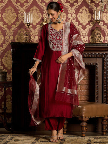 Maroon Embroidered Straight Kurta Trousers With Dupatta set