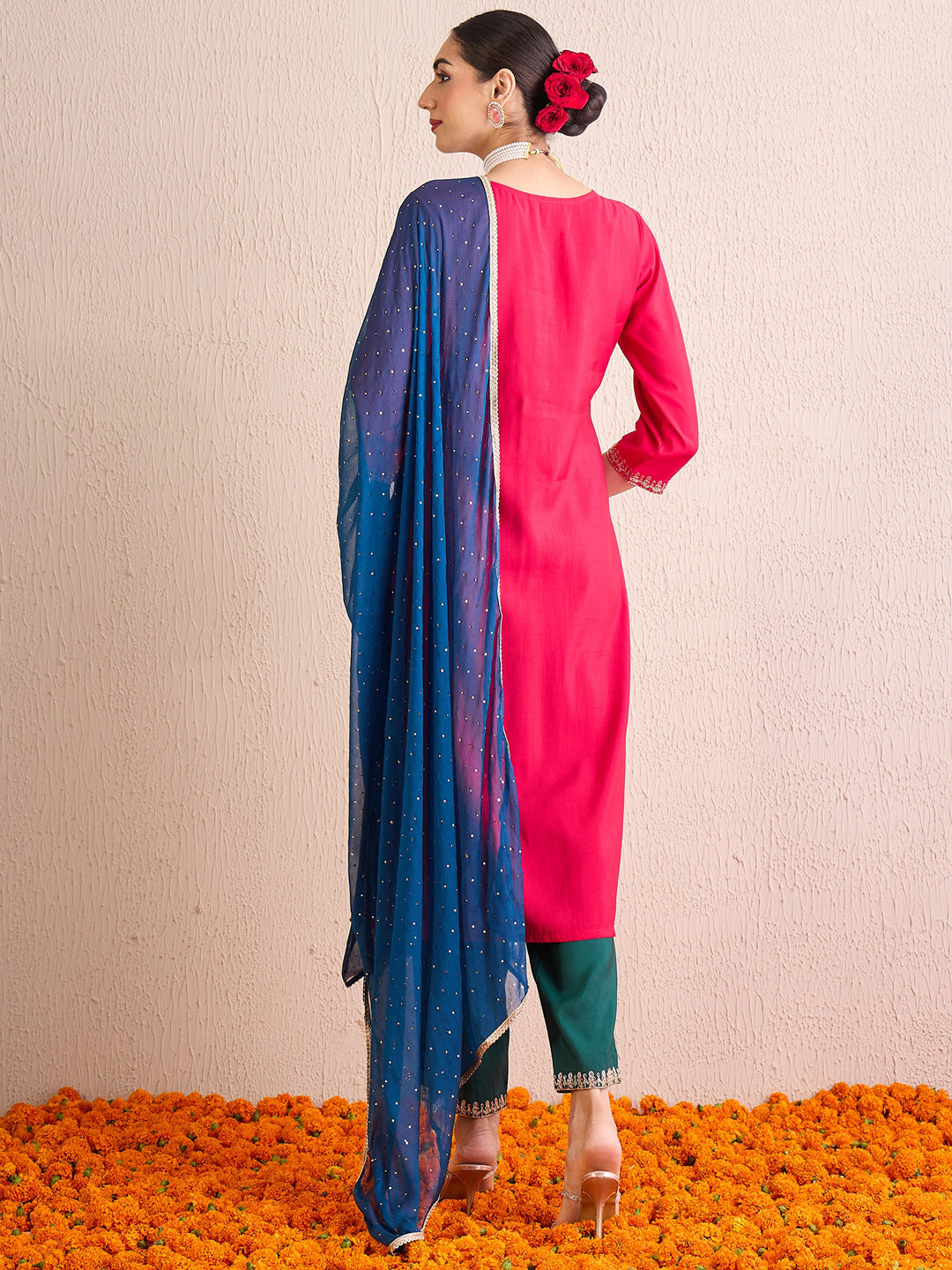 Indo Era Magenta Embroidered Straight Kurta Trousers With Dupatta Set