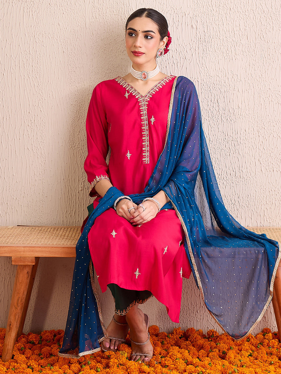 Indo Era Magenta Embroidered Straight Kurta Trousers With Dupatta Set