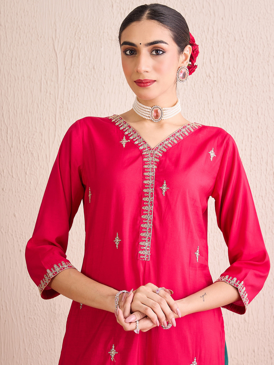 Indo Era Magenta Embroidered Straight Kurta Trousers With Dupatta Set