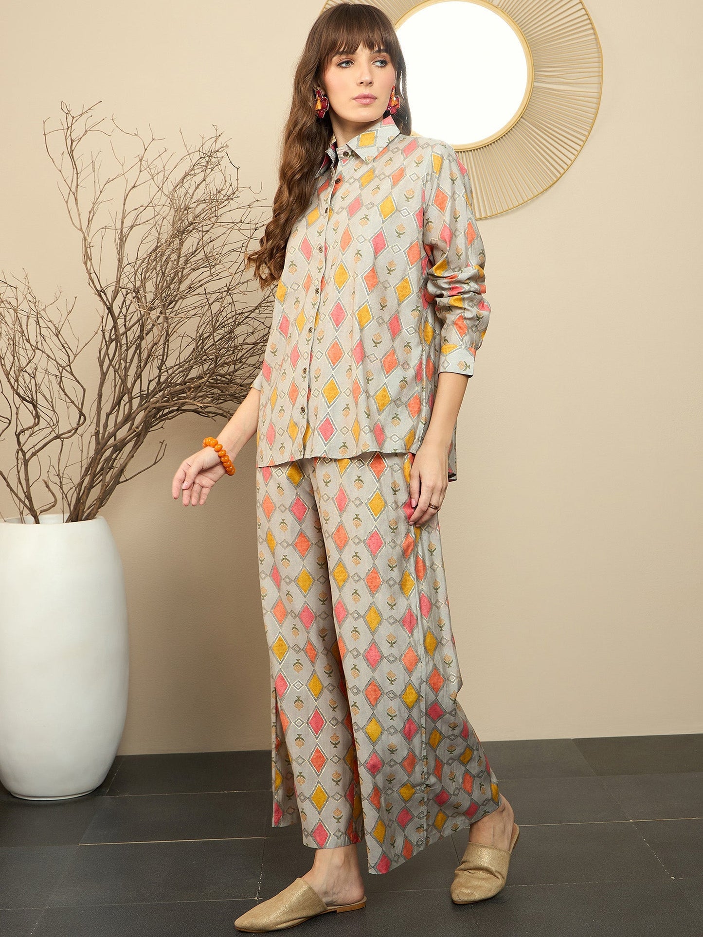 Indo Era Grey Printed Straight Kurta Trousers set