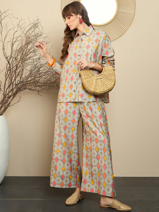 Indo Era Grey Printed Straight Kurta Trousers set