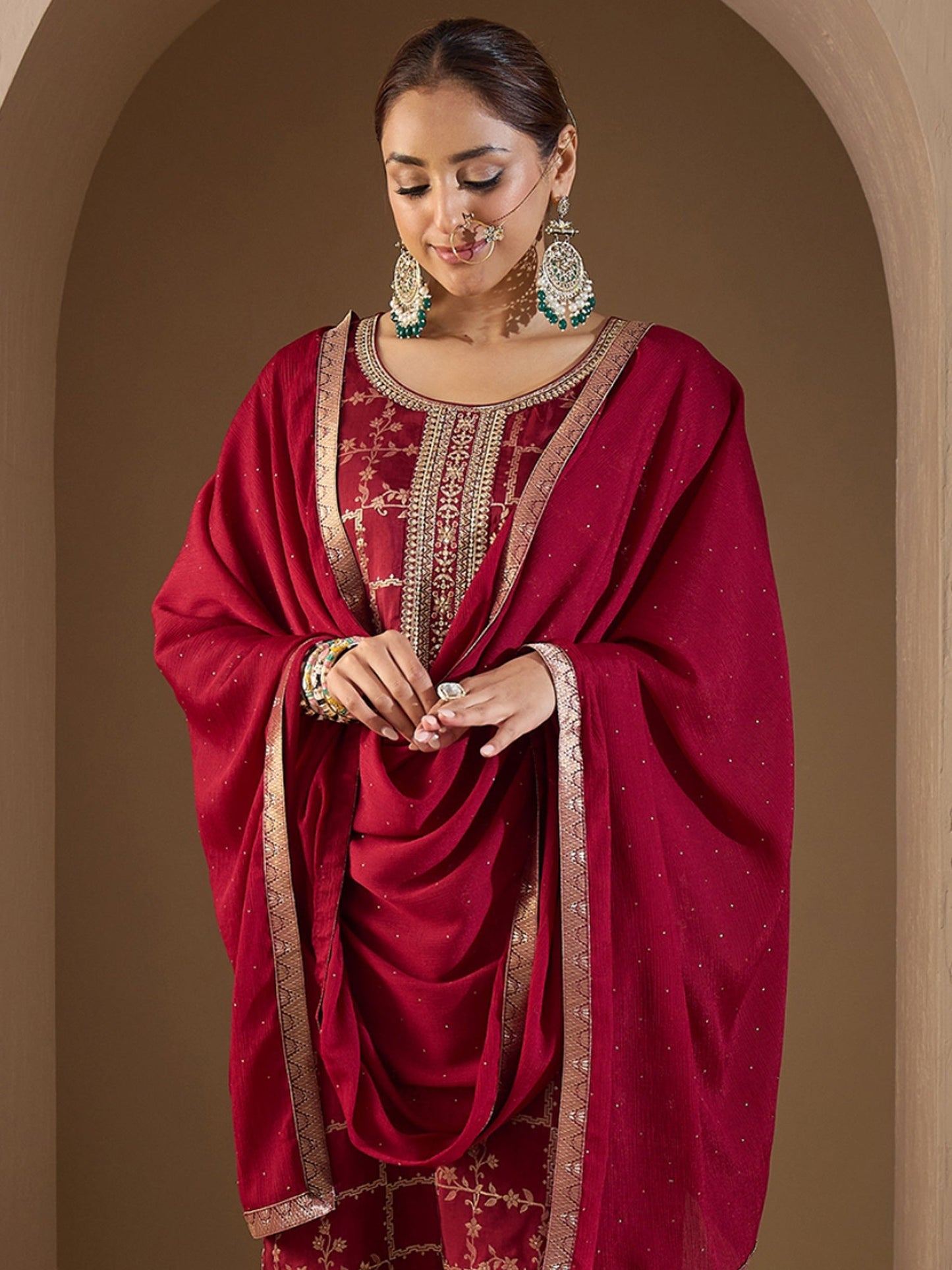 Maroon Embroidered Straight Kurta Trousers With Dupatta set
