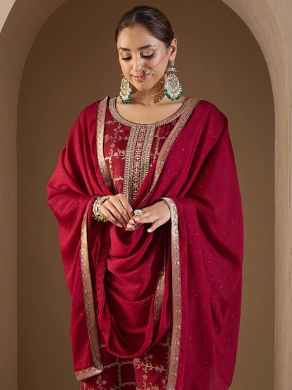 Maroon Embroidered Straight Kurta Trousers With Dupatta set