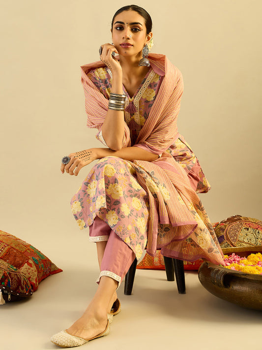 Mauve Printed Straight Kurta Trousers With Dupatta set