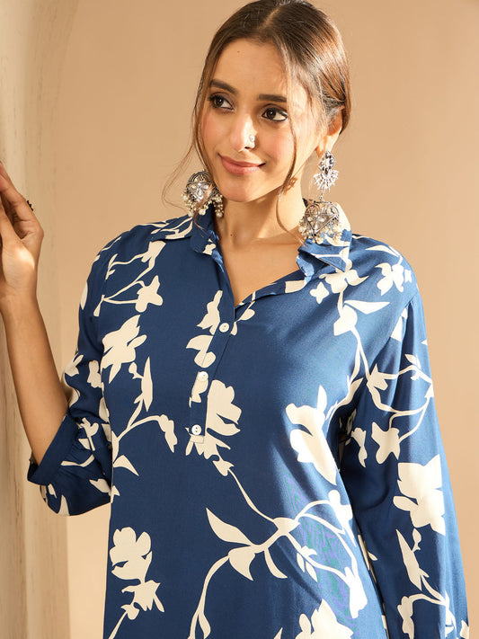 Indo Era Blue Printed Straight Kurta Trousers  set