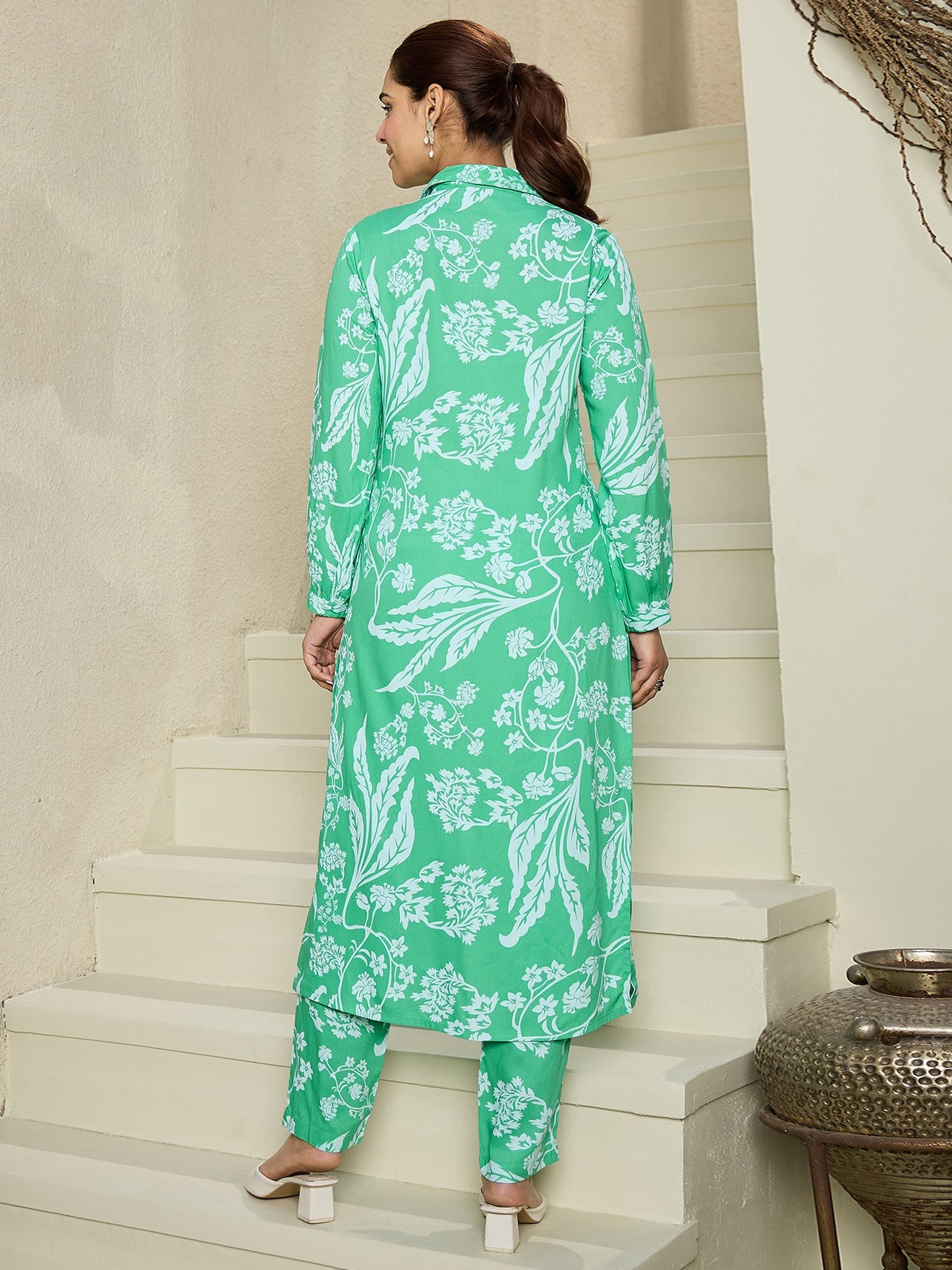 Indo Era Green Printed Straight Kurta Trousers  set