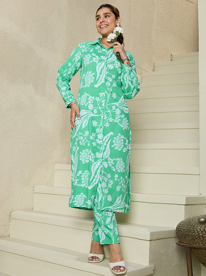 Indo Era Green Printed Straight Kurta Trousers  set