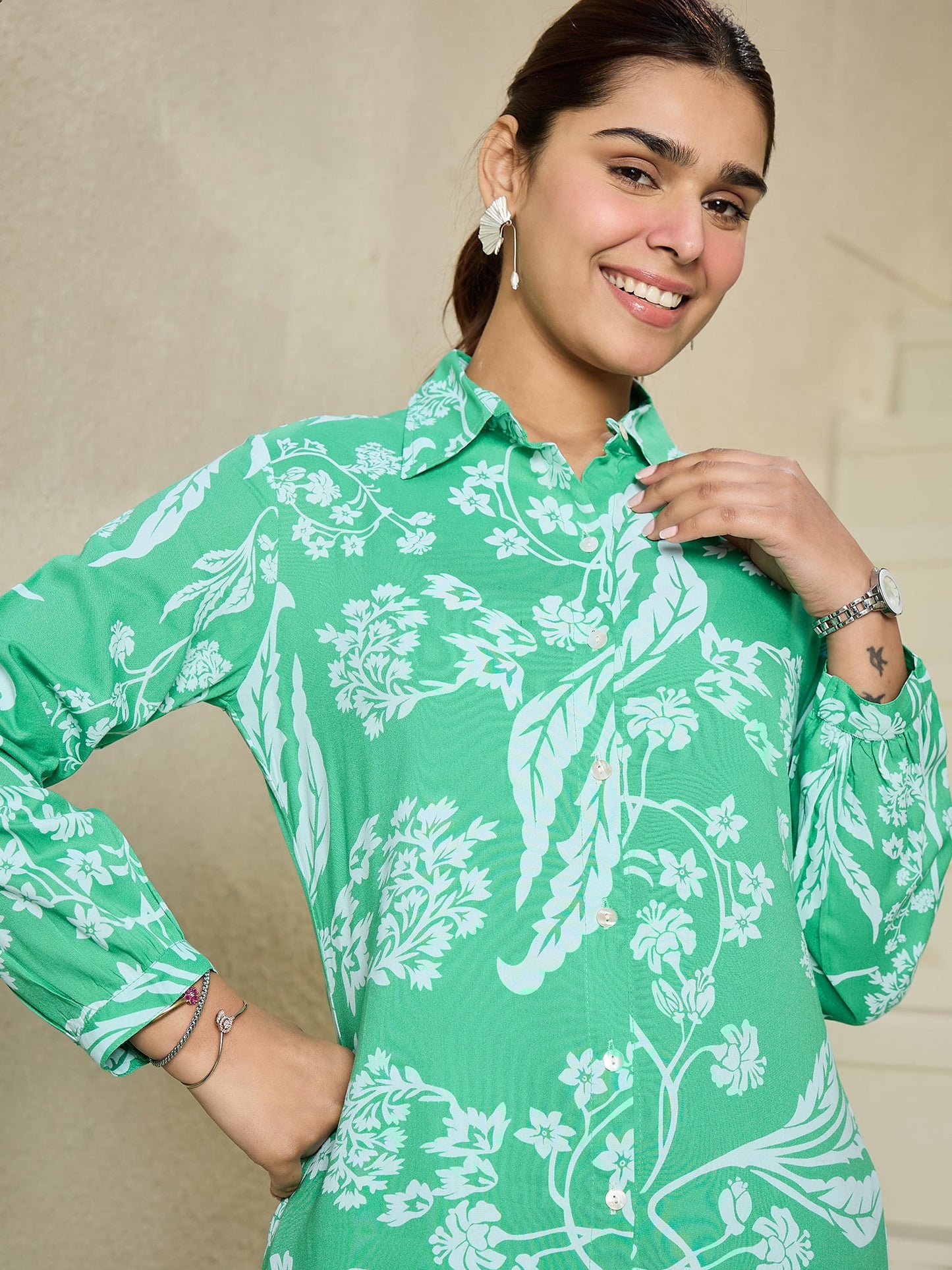 Indo Era Green Printed Straight Kurta Trousers  set