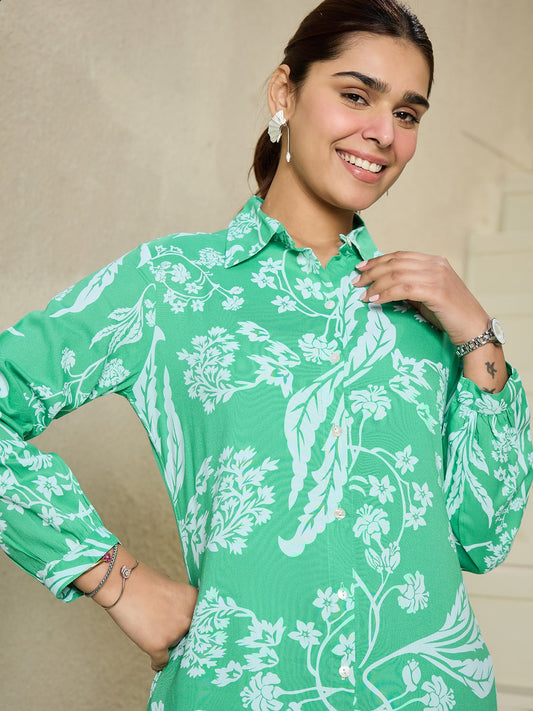 Indo Era Green Printed Straight Kurta Trousers  set