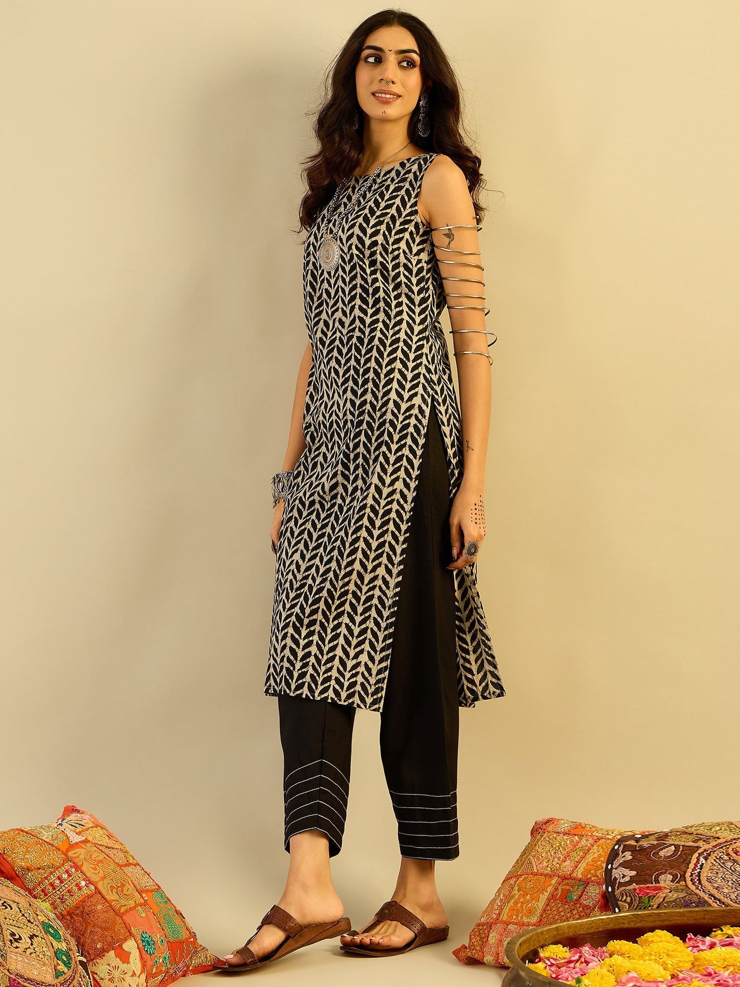 Indo era Black Printed Straight Kurtas