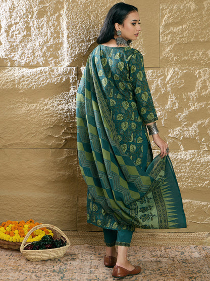 Indo Era Green Printed Straight Kurta Trousers With Dupatta Set
