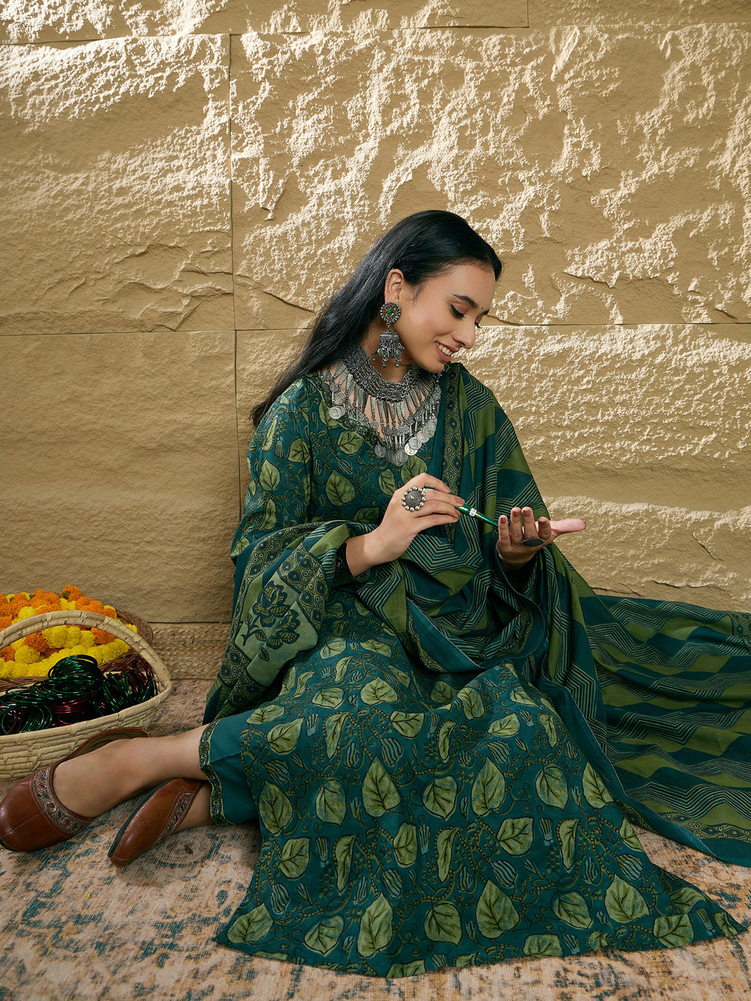 Indo Era Green Printed Straight Kurta Trousers With Dupatta Set