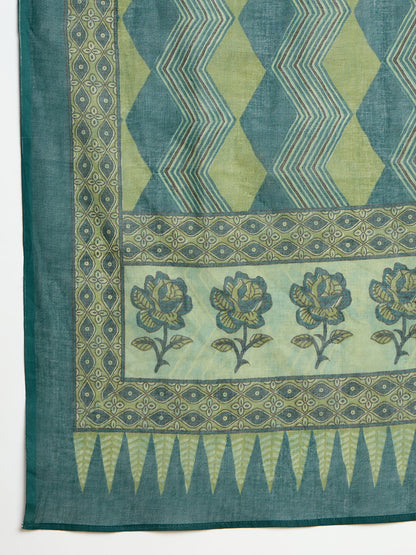 Indo Era Green Printed Straight Kurta Trousers With Dupatta Set