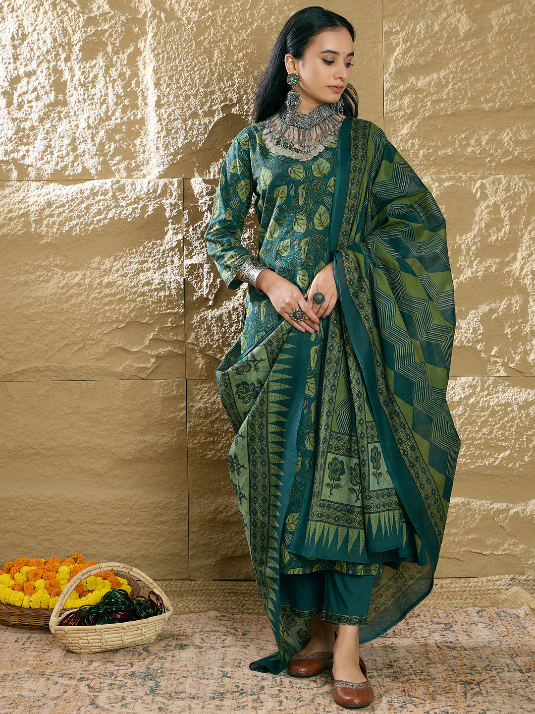 Indo Era Green Printed Straight Kurta Trousers With Dupatta Set