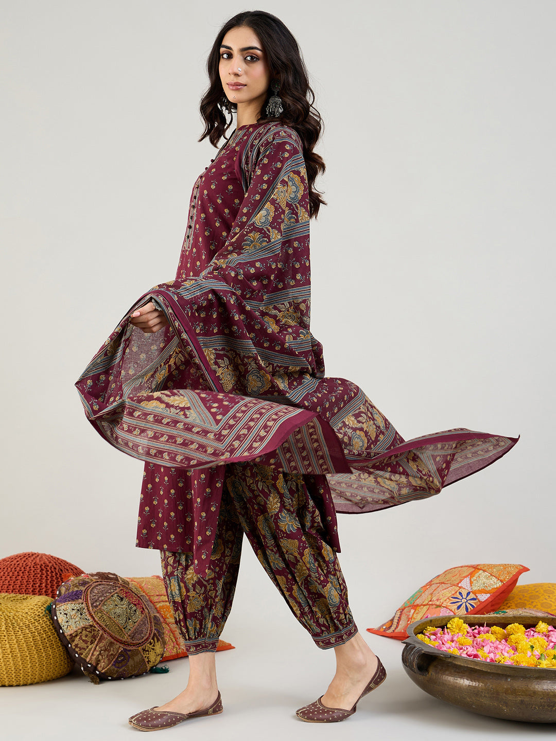 Indo Era Burgundy Printed Straight Kurta Salwar With Dupatta set