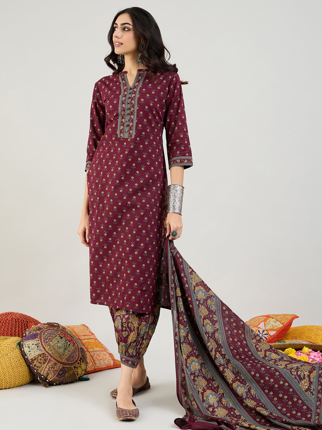 Indo Era Burgundy Printed Straight Kurta Salwar With Dupatta set