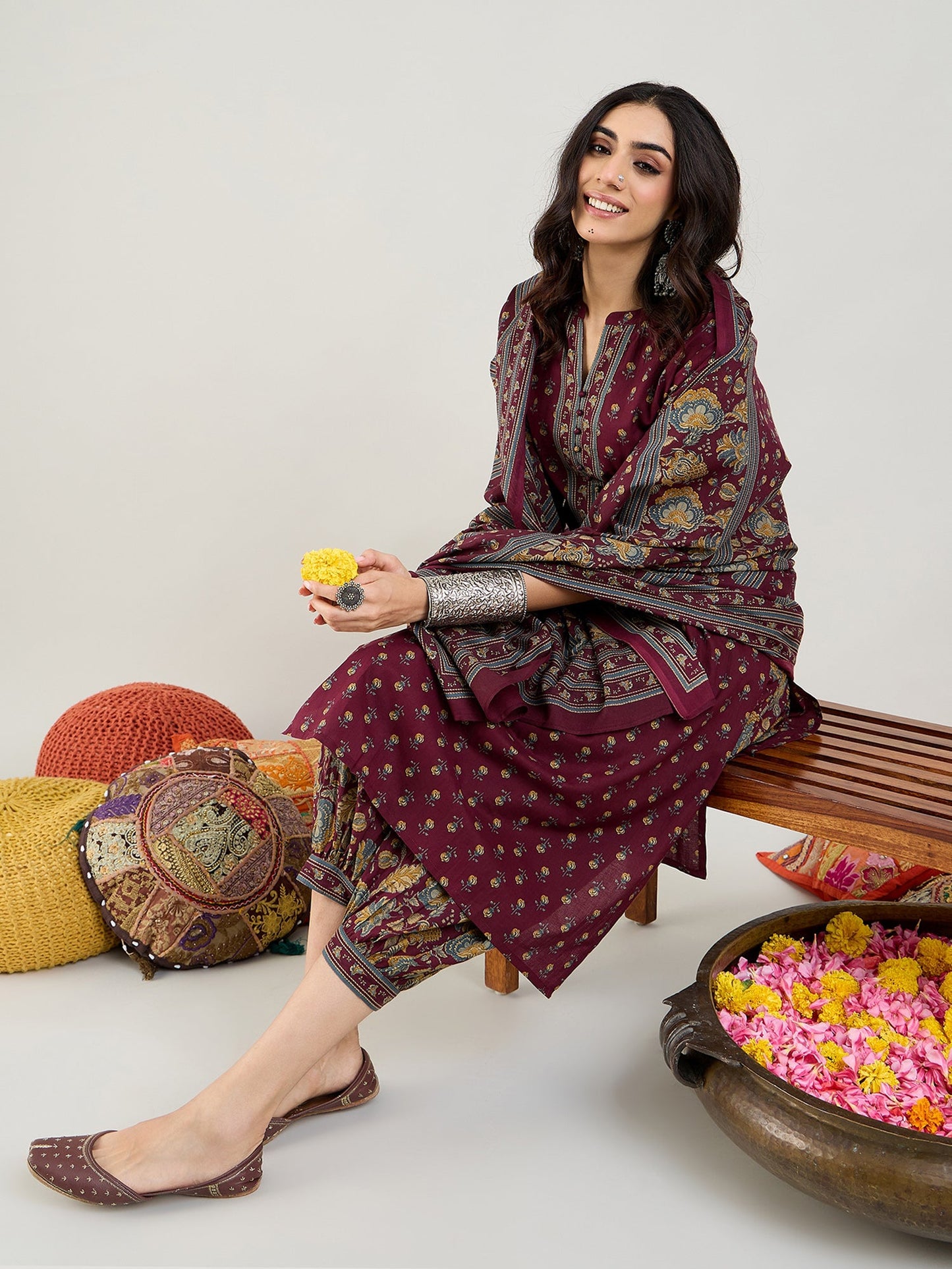 Indo Era Burgundy Printed Straight Kurta Salwar With Dupatta set