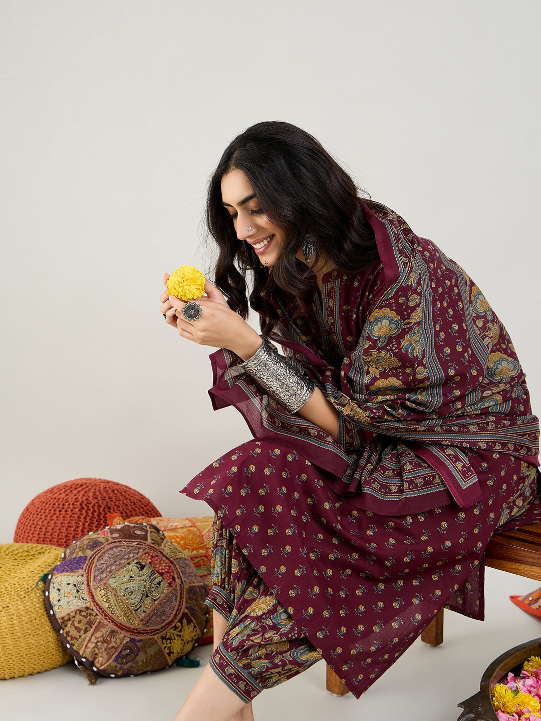 Indo Era Burgundy Printed Straight Kurta Salwar With Dupatta set