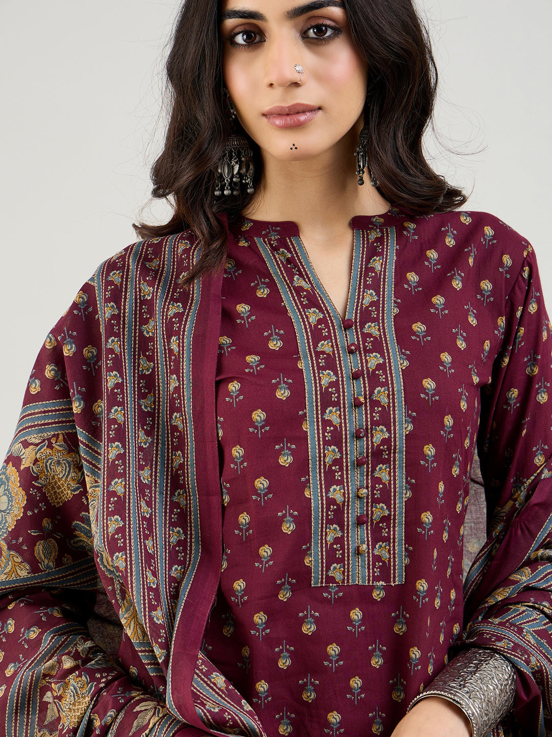 Indo Era Burgundy Printed Straight Kurta Salwar With Dupatta set